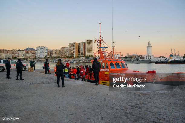 Arrival of 14 Maghrebi males at the harbour of Malaga, south of Spain, on 16 January 2018. The Spanish Maritime Safety Agency rescued 14 Maghrebi men...