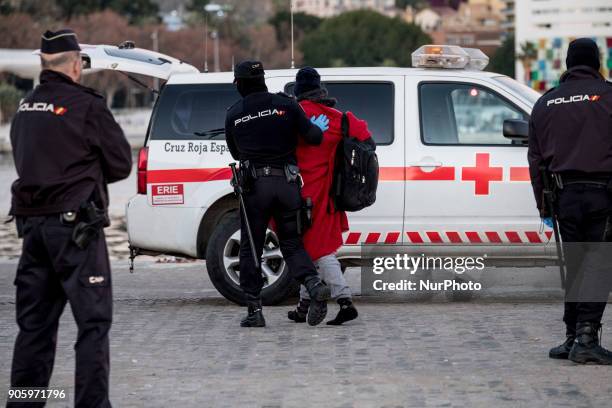 Arrival of 14 Maghrebi males at the harbour of Malaga, south of Spain, on 16 January 2018. The Spanish Maritime Safety Agency rescued 14 Maghrebi men...