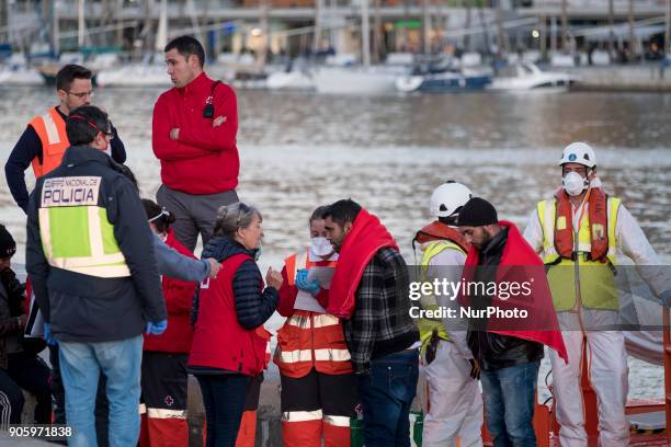 Arrival of 14 Maghrebi males at the harbour of Malaga, south of Spain, on 16 January 2018. The Spanish Maritime Safety Agency rescued 14 Maghrebi men...