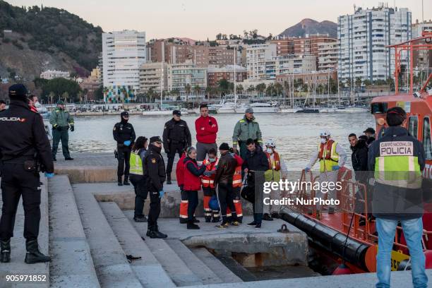 Arrival of 14 Maghrebi males at the harbour of Malaga, south of Spain, on 16 January 2018. The Spanish Maritime Safety Agency rescued 14 Maghrebi men...