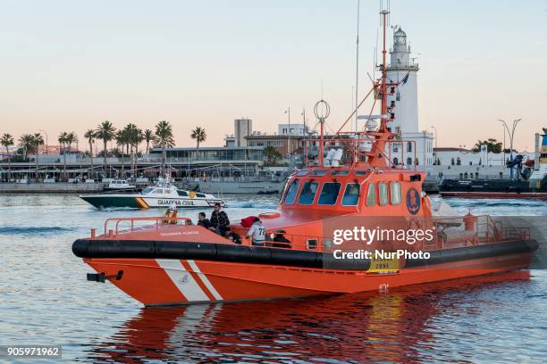 Arrival of 14 Maghrebi males at the harbour of Malaga, south of Spain, on 16 January 2018. The Spanish Maritime Safety Agency rescued 14 Maghrebi men...