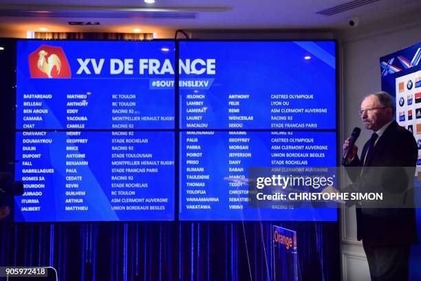 French Rugby Union national team head coach Jacques Brunel gives a press conference to announce a squad of 31 players for the Six Nations, on January...