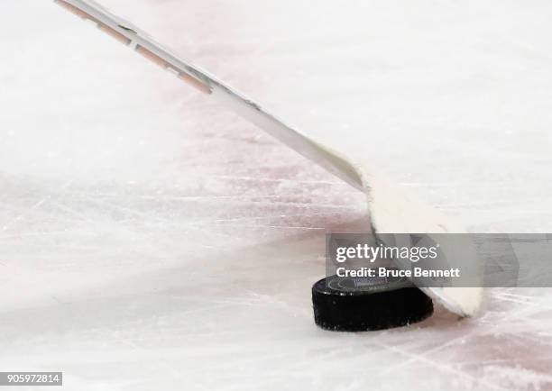 Stick and puck as photographed during the game between the New York Rangers and the Philadelphia Flyers at Madison Square Garden on January 16, 2018...