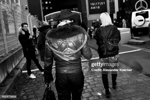 Image has been converted to black and white.) An alternative view during the MBFW Berlin January 2018 at ewerk on January 17, 2018 in Berlin, Germany.