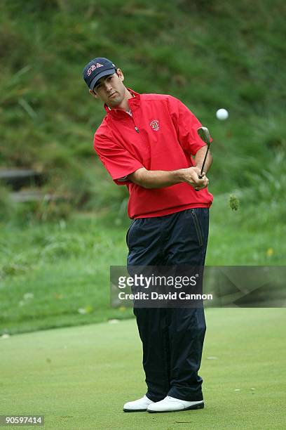 Cameron Tringale of the USA hits his second shot to the par 3, 17th hole during practice on the East Course at Merion Golf Club on September 11, 2009...