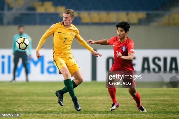 Kuk Tae-Jung of South Korea and Trent Buhagiar of Australia compete for the ball during the AFC U-23 Championship Group D match between South Korea...