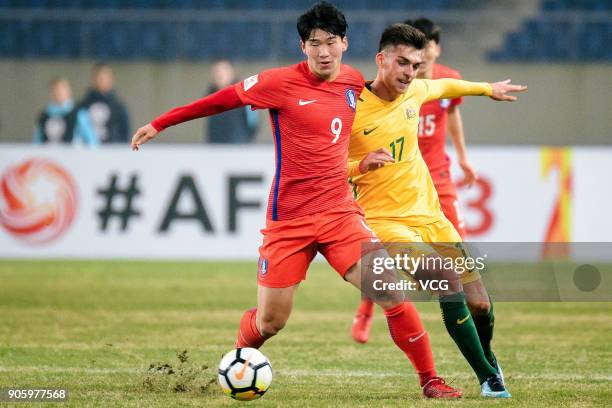 Lee Keun-Ho of South Korea controls the ball during the AFC U-23 Championship Group D match between South Korea and Australia at Kunshan Sports...