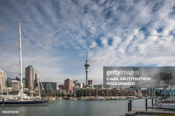 auckland city with auckland skyline at sunset and dusk twilight time , auckland port - auckland skyline stock pictures, royalty-free photos & images