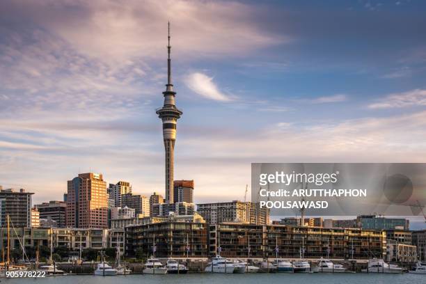auckland city with auckland skyline at sunset and dusk twilight time , auckland port - auckland stock pictures, royalty-free photos & images