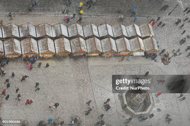 View the Market in Lviv's Rynok Square covered with a snow. On Sunday, January 14 in Lviv, Lviv Oblast, Ukraine.