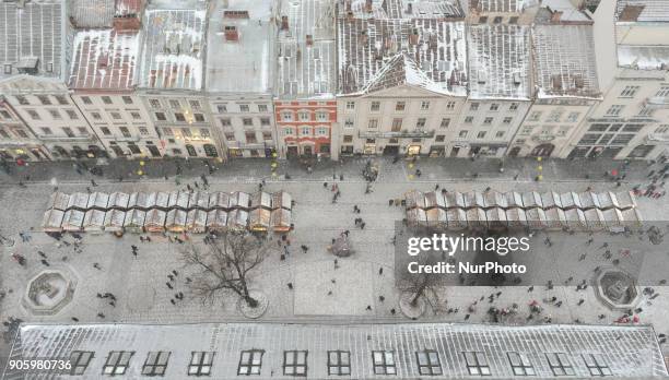 View the Market in Lviv's Rynok Square covered with a snow. On Sunday, January 14 in Lviv, Lviv Oblast, Ukraine.