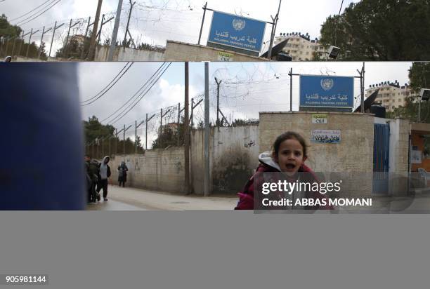 Palestinian girl walks past a United Nations' run school in the Qalandia refugee camp near Ramallah in the West Bank, on January 17, 2018 after the...