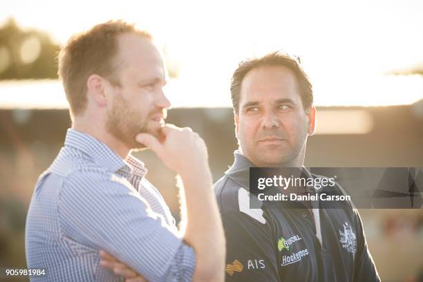 Paul Gaudoin, coach of the Hockeyroos has as chats Doctor Charlesworth during game two of the International Test Series between the Australian...