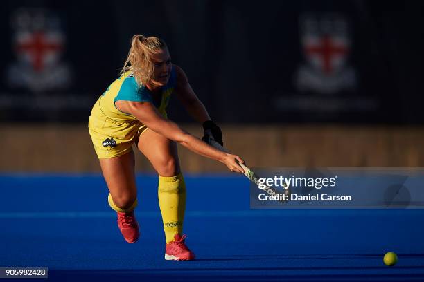 Ashlea Fey of the Hockeyroos passes the ball during game two of the International Test Series between the Australian Hockeyroos and Spain at...