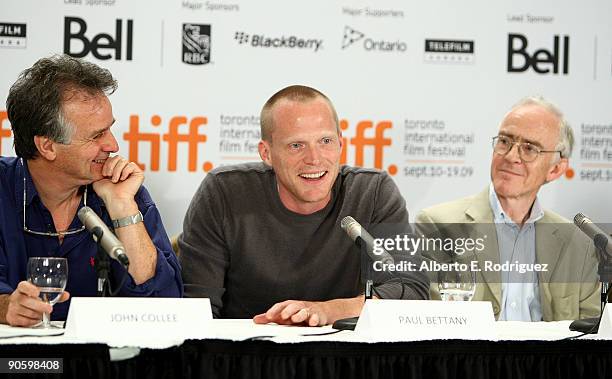 Writer John Collee, actor Paul Bettany and writer Randal Keynes speak onstage at the "Creation" press conference held at the Sutton Place Hotel on...