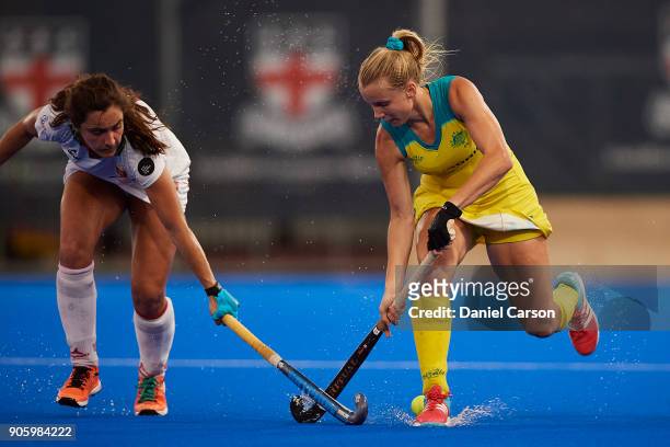 Stephanie Kershaw of the Hockeyroos is tackled during game two of the International Test Series between the Australian Hockeyroos and Spain at...
