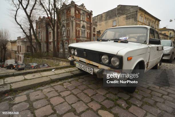 An old Lada parked in Lviv's city center, an example of a car dating the Soviet Union era. On Sunday, January 14 in Lviv, Lviv Oblast, Ukraine.