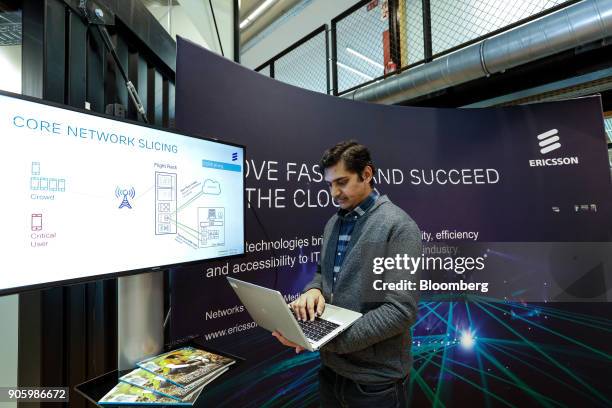 Adarsh Umashankar, engineer at Ericsson AB, demonstrates 5G core network slicing as the Swedish network maker opens their 5G mobile data service and...