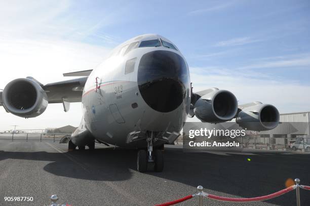 Boeing C-17 Globemaster III, belonging to Kuwait Air Forces, is on display during the Kuwait Aviation Show in Kuwait City, Kuwait on January 17, 2018.