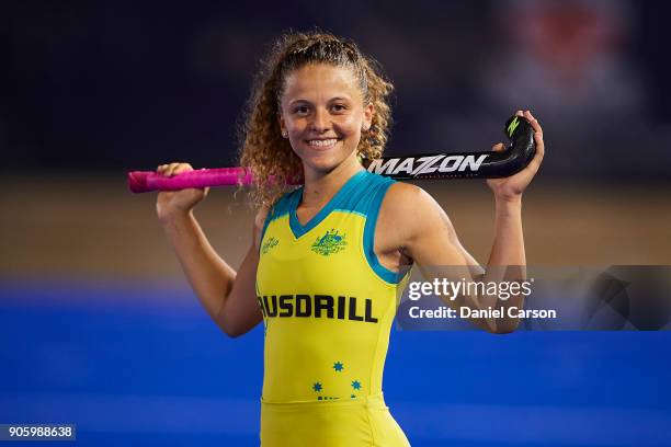 Ambrosia Malone of the Hockeyroos poses after her debut match during game two of the International Test Series between the Australian Hockeyroos and...