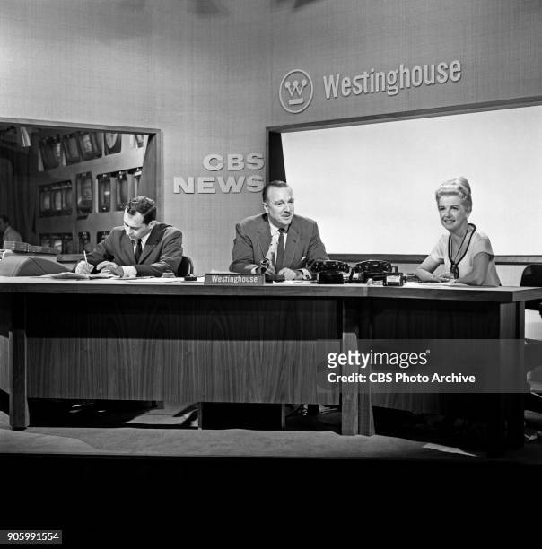 Sanford Socolow, CBS News anchor Walter Cronkite and Spokeswoman for Westinghouse, Betty Furness are photographed while working at the 1960...
