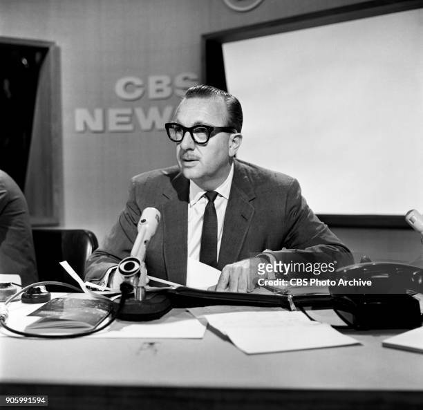 News anchor Walter Cronkite is photographed while working at the 1960 Democratic National Convention at the Los Angeles Sports Arena, Los Angeles,...