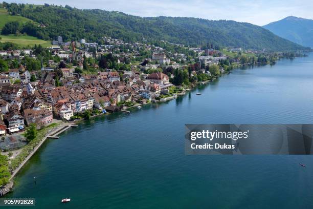 Aerial view of the city of Zug with old town on Lake Zug.