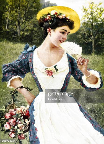 portrait of a happy young woman with rose basket on the meadow - hand fan stock illustrations