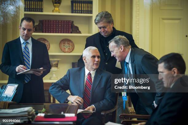 Reince Priebus, White House chief of staff, from left, U.S. Vice President Mike Pence, Steve Bannon, chief strategist for U.S. President Donald...