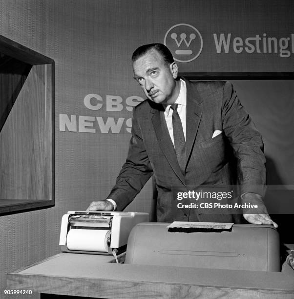 News anchor Walter Cronkite is photographed while working at the 1960 Democratic National Convention at the Los Angeles Sports Arena, Los Angeles,...