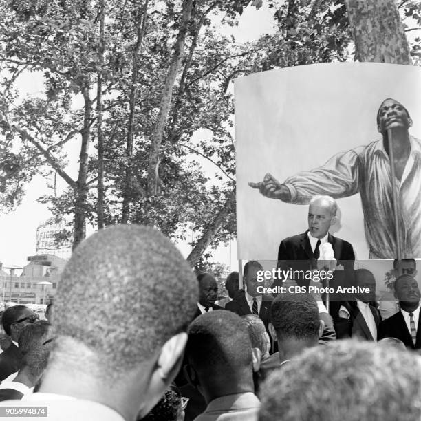 On the eve of the 1960 Democratic National Convention, demonstrators marched to the convention site at Los Angeles Sports Arena, Los Angeles, CA,...