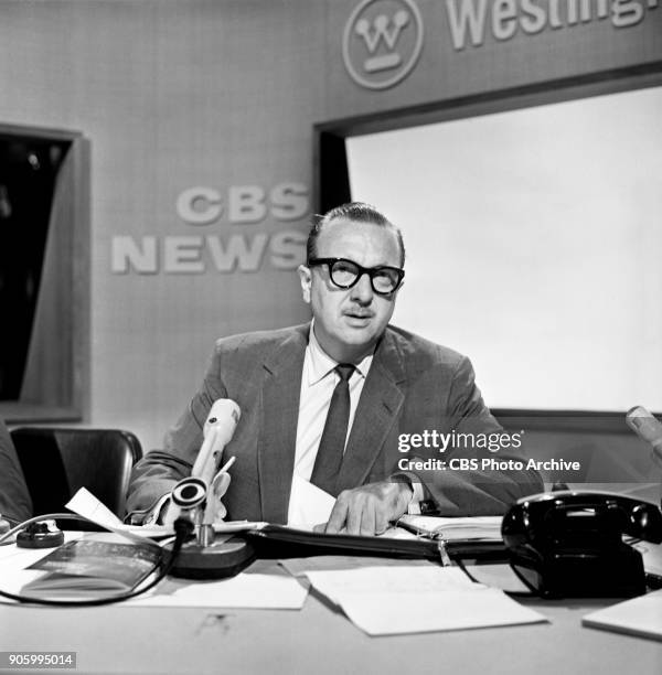 News anchor Walter Cronkite is photographed while working at the 1960 Democratic National Convention at the Los Angeles Sports Arena, Los Angeles,...