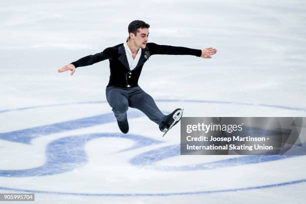 Javier Fernandez of Spain competes in the Men's Short Program during day one of the European Figure Skating Championships at Megasport Arena on...