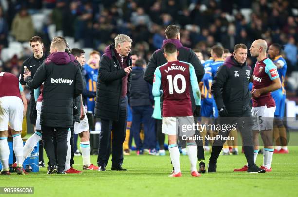 West Ham United manager David Moyes having words during FA Cup 3rd Round reply match between West Ham United against Shrewsbury Town at The London...
