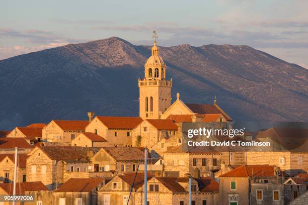 skyline of the old town at sunset, korcula, croatia - korcula island stock pictures, royalty-free photos & images
