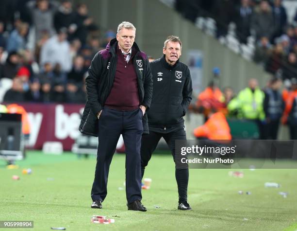 West Ham United manager David Moyes and West Ham United Joint Assistant manager Stuart Pearce during FA Cup 3rd Round reply match between West Ham...