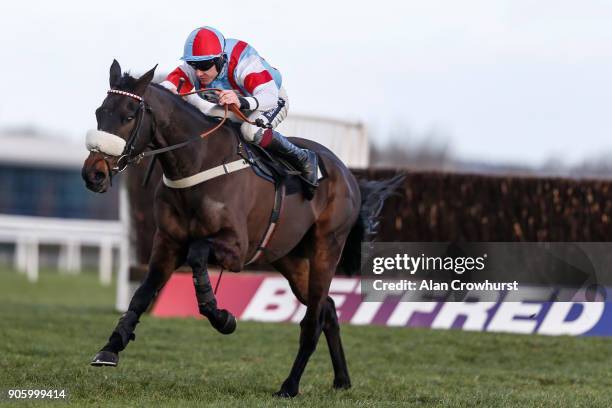 Aidan Coleman riding Saint Calvados clear the last to win The Betfred Mobile Novices' Limited Handicap Chase at Newbury racecourse on January 17,...