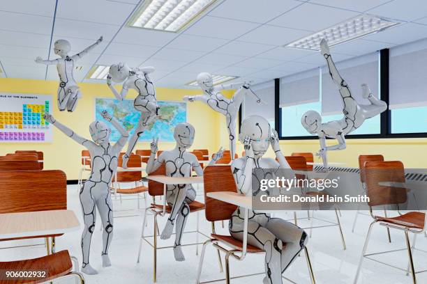 unruly robot children in classroom - classroom riot stock-fotos und bilder