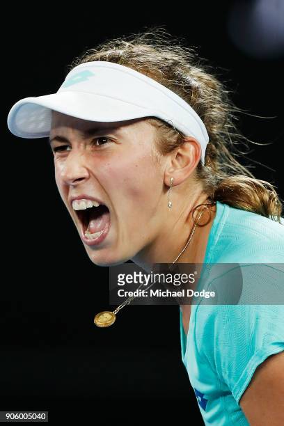Elise Mertens of Belgium celebrates a point in her second round match against Daria Gavrilova of Australia on day three of the 2018 Australian Open...