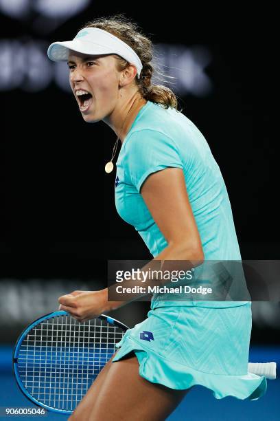 Elise Mertens of Belgium celebrates a point in her second round match against Daria Gavrilova of Australia on day three of the 2018 Australian Open...