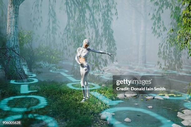 cyborg woman standing in binary code forest - human representation stock pictures, royalty-free photos & images