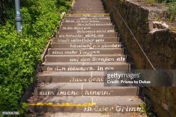 Marburg an der Lahn, Hesse Quotation of Jakob Grimm on the Ludwig-Bickell-Staircase - Grimm-Dich-Path Sculpture path Grimm's fairytale.