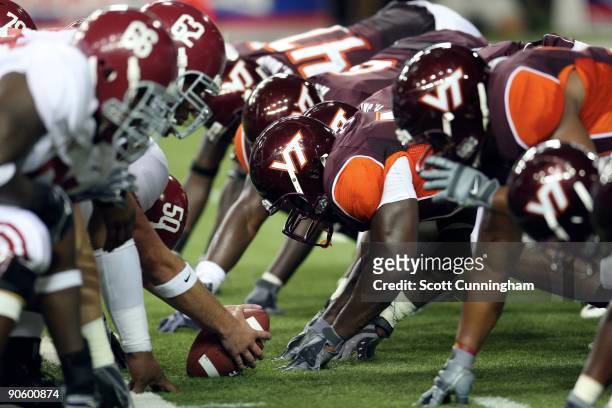 Members of the Virginia Tech Hokies line up during the Chick-fil-A Kickoff Game against the Alabama Crimson Tide at the Georgia Dome on September 5,...