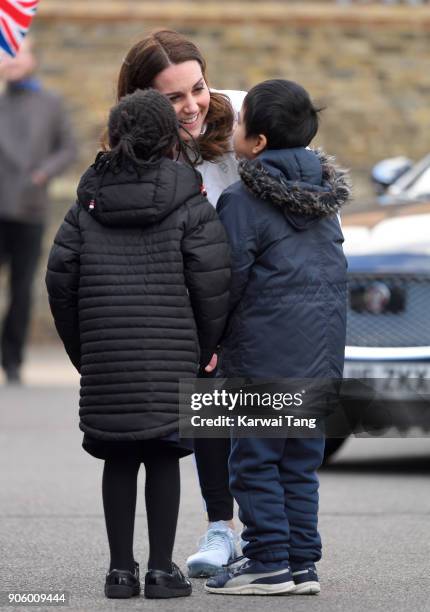 Catherine, Duchess of Cambridge visits The Wimbledon Junior Tennis Initiative at Bond Primary School on January 17, 2018 in London, England.