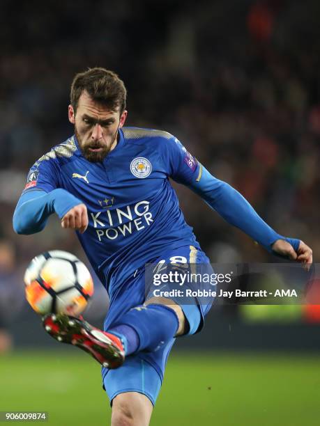 Christian Fuchs of Leicester City during The Emirates FA Cup Third Round Replay match between Leicester City and Fleetwood Town at The King Power...