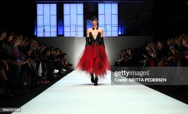 Model presents a creation by the label "Irene Luft" during the Fashion Week in Berlin on January 17, 2018. / AFP PHOTO / dpa / Britta Pedersen /...