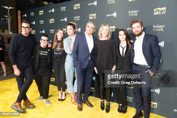 Actors Dan Levy, Lea Delaria, Sarah Levy, Annie Murpy, Eugene Levy, Catherine O'Hara, Emily Hampshire and Dustin Milligan attend the Premiere Of Pop...
