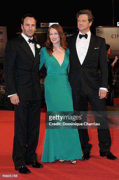 Director Tom Ford, actress Julianne Moore and actor Colin Firth attend the "A Single Man" premiere at the Sala Grande during the 66th Venice Film...