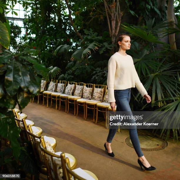 Model is seen ahead of the Lena Hoschek Fashion Show Berlin at Botanischer Garten on January 16, 2018 in Berlin, Germany.