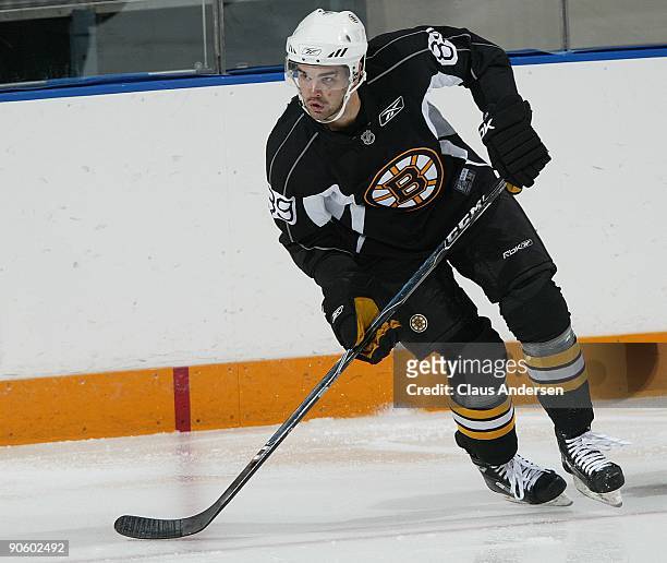 Peter Stevens of the Boston Bruins skates in a game against the Ottawa Senators in the NHL Rookie Tournament on September 9, 2009 at the Kitchener...